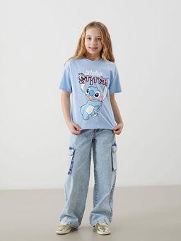 Bisiklet Yaka Stitch Bask?l? K?z ?ocuk Ti??rt