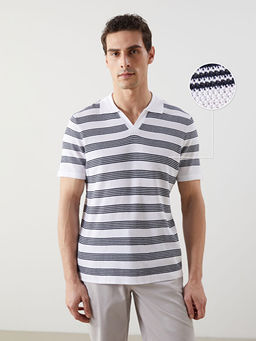 Polo Yaka ?izgili Erkek Dokulu Triko Kazak