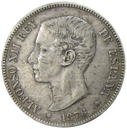 Монета 5 песет 1876 года Испания