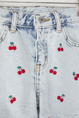 Mavi K?z Cocuk %100 Pamuk Kiraz Nak?sl? Lastikli Denim Sort & Bermuda TKDSS25SR00036 - Trendyolmilla фото 2