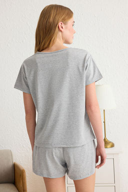 Trendyolmilla Gri Melanj Yar?m Patl? Dugme Detayl? Sortlu Orme Pijama Tak?m? THMSS25PT00150 фото 5