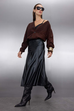 Siyah Suni Deri Pileli Midi Dokuma Etek TWOAW26ET00029