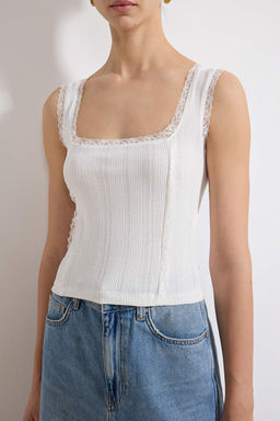 Ekru Fitted/Vucuda Oturan Kare Yaka Volanl?/F?rf?rl? Fitilli Esnek Orme Bluz TWOSS26BZ00006 - Trendyolmilla фото 3