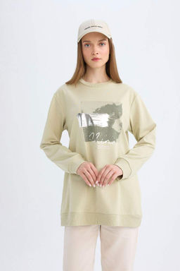 Женская толстовка с круглым вырезом стандартного кроя, яркий свитшот с принтом, тканевая толстовка, туника - Defacto фото 3