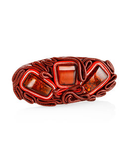 Необычная заколка Амазонка из кожи и натурального цельного янтаря