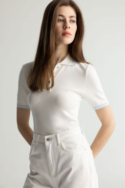 Slim Fit Dar Kesim Polo Yaka Basic Duz Triko K?sa Kollu Kazak