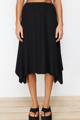 Siyah Volanl? Asimetrik Yuksek Bel Midi Esnek Orme Etek TWOAW20ET0440