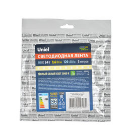 ULS-2835-120LED/m-8mm-IP20-DC24V-9,6W/m-5M-3000K Гибкая светодиодная лента на самоклеящейся основе. Катушка 5 м. в герметичной упаковке. Белый свет (3000K). ТМ Uniel.