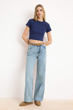 Koyu Mavi YUMUSACIK Tencel Kar?s?ml? Yuksek Bel Wide Leg Jeans TWOSS26JE00137 - Trendyolmilla фото 6