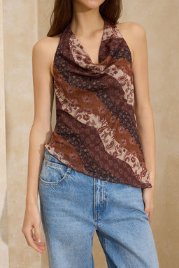 Cok Renkli Sal Desen Fitted/Vucuda Oturan Degaje Yaka Kolsuz Dugmeli Tul Orme Bluz TWOSS26BZ00038 - Trendyolmilla фото 3