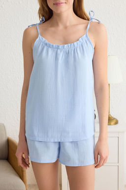 Trendyolmilla Pudra F?rf?rl? Ip Ask?l? Baglama Detayl? Muslin Sortlu Dokuma Pijama Tak?m? THMSS25PT00033  фото 5