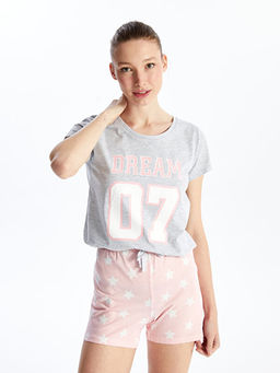 Bisiklet Yaka Bask?l? K?sa Kollu Kad?n ?ortlu Pijama Tak?m?