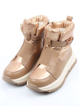04-WG037-1M DK. BEIGE/GOLD Ботинки зимние женские (натуральная кожа, курточная ткань, 100% шерсть)