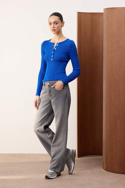 Trendyolmilla Wardrope Essentials Gri Dusuk Bel 100% Pamuk Wide Leg Genis Paca Jeans TWOSS26JE00131