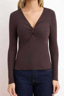 Kahverengi V Yaka Buzgu Detayl? Uzun Kol Esnek Orme Bluz TWOSS26BZ00641 - Trendyolmilla фото 3