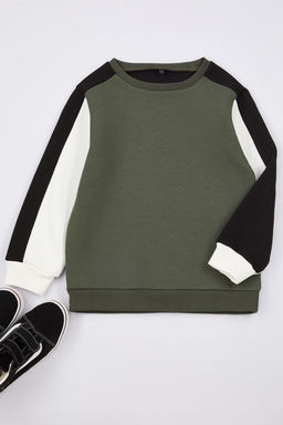 Haki Erkek Cocuk Renk Bloklu Pamuklu Bisiklet Yaka Orme Sweatshirt TKDAW25SW00037