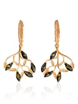 Ажурные серьги Тропиканка из позолоченного серебра и янтаря