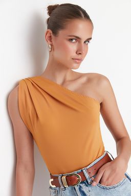 Hardal Asimetrik Yaka Esnek Alttan C?tc?tl? Esnek Orme Body TWOSS22BD00014