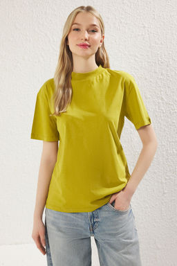 Yag Yesili-Ac?k Tas 2li Paket %100 Pamuk Basic Dik Yaka Orme T-Shirt TWOSS20TS1500