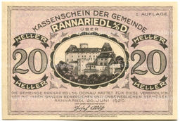 Банкнота 20 геллеров 1920 года Австрия  Раннариедль (нотгельд)
