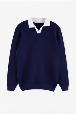 Lacivert Oversize/Geni_ Kesim Dokulu Kontrast Yaka Detayl_ Polo Yaka Triko Kazak TMNAW27KZ00016 - Trendyolmilla фото 2