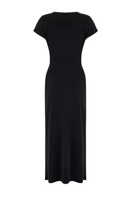 Siyah A-Kesim/Can Form Degaje Yaka Aksesuar Detayl? Maxi Esnek Orme Elbise TWOSS26EL00106