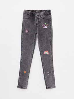 Beli Lastikli Bask?l? K?z ?ocuk Jean Pantolon