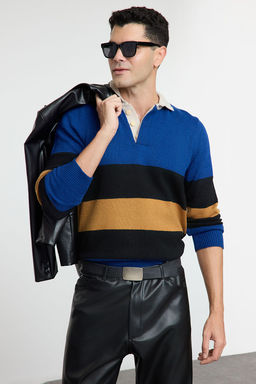 Trendyolmilla Man Cok Renkli Regular Polo Yaka Renk Bloklu Triko Kazak TMNAW25KZ00053