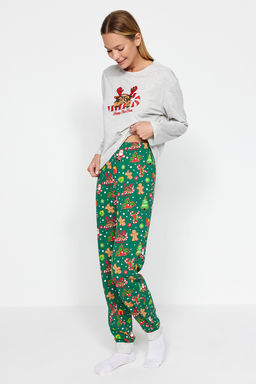 Gri Melanj %100 Pamuklu Y?lbas? Temal? Orme Pijama Tak?m? THMAW24PT00058