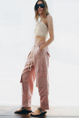 PANTAL?N CARGO CON LINO ZW COLLECTION / Rosa claro - Zara фото 3