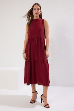 Bordo Shift/Duz Kesim Dik Yaka Midi Dokuma Elbise TWOSS20EL1864