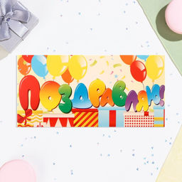 Цена за 10 шт. Конверт для денег Поздравляю! воздушные шары, 16х8 см - Дарим красиво фото 2