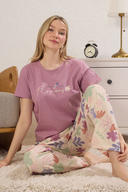 Trendyolmilla Pembe %100 Pamuklu Cicekli Sloganl? Orme Pijama Tak?m? THMSS25PT00378  фото 6