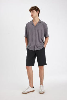 Regular Fit Duz Paca Tensel Bermuda Sort