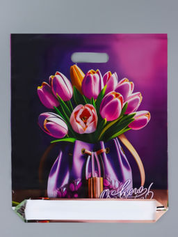 Цена за 25 шт. Пакет подарочный Цветочная Сумочка, полиэтиленовый с вырубной ручкой 38?45 см, 60 мкм