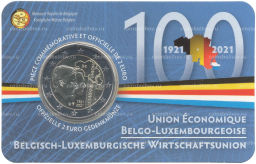 Монета 2 евро 2021 года Бельгия -100 лет Бельгийско-Люксембургскому экономическому союзу (Текст на лицевой стороне блистера на французском и немецком)