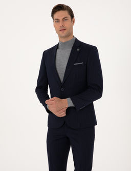 Lacivert Extra Slim Fit Y_n Kar___ml_ _izgili Tak_m Elbise