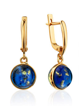 Небольшие позолоченные серьги с круглыми подвесками из синего янтаря Сорбонна