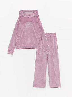 Kap??onlu Uzun Kollu K?z ?ocuk Kadife Sweatshirt ve Pantolon