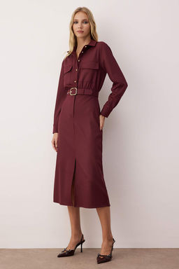 Bordo Kemerli Cep Detayl? Premium Kumas Midi Dokuma Elbise TWOAW26EL00118