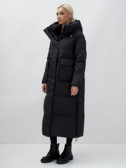 Пальто утепленное стеганное зимнее с капюшоном женское черного цвета 9602Ch