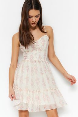 TRENDYOLMILLA Ekru Cicek Desenli Belden Ac?lan V Yaka Mini Astarl? Sifon Dokuma Elbise TWOSS23EL01782  фото 5