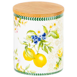 Банка д/хранения 650 мл 10*10*12,5 см "Лимоны" с деревянной крышкой с силикон.уплотн. NEW BONE CHINA