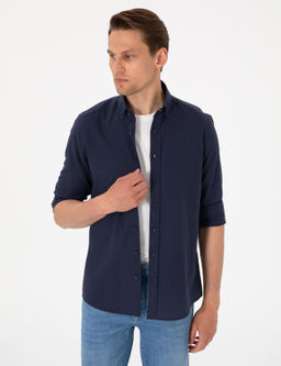 Koyu Lacivert Keten G_r_n_ml_ Slim Fit Uzun Kollu G_mlek