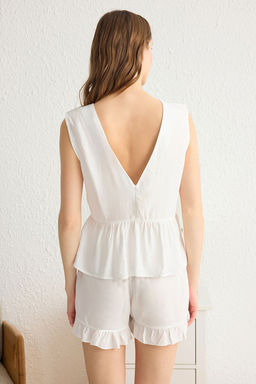 Trendyolmilla Beyaz F?rf?r ve Baglama Detayl? Viskon Sortlu Dokuma Pijama Tak?m? THMSS25PT00057 фото 9