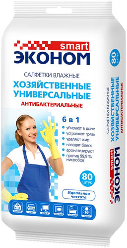Салфетки влажные ЭКОНОМ SMART №80 хозяйственные антибактериальные универс. 6 в 1 арт. 30909