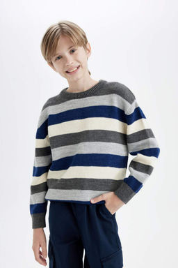 Трикотажный свитер стандартного кроя с круглым вырезом для мальчика с цветными блоками - Defacto фото 3