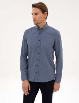 Koyu Mavi Flanel Dokulu Slim Fit Uzun Kollu G_mlek