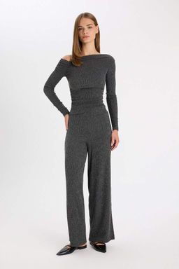 Женская приталенная футболка узкого кроя с длинным рукавом и запахом на одно плечо - Defacto фото 2