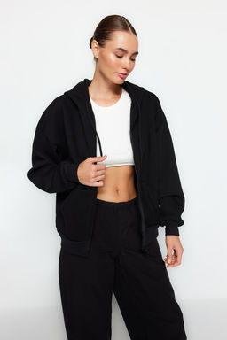 Siyah Oversize/Rahat Kesim Basic Kapusonlu Kal?n Ici Polarl? Orme Sweatshirt TWOAW24SW00188